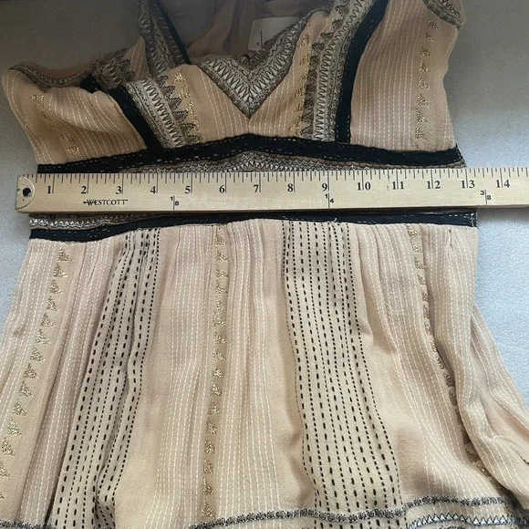 Anthropologie Dress Women 0 Tan Robin Embroidered Maxi Lace Boho Tiered‎ V Neck